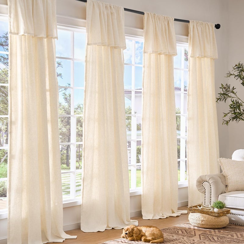 jinchan Linen Blend Light Filtering Curtains 38W x 96L Inch Beige for Living Room Farmhouse Boho Curtains Attached Valances Hooks Drapes 2-Panel Set - Image 2